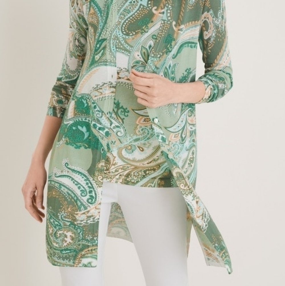 CHICO'S The Everyday Green Paisley Long Sleeve Button Down Cardigan Sweater - Picture 2 of 12